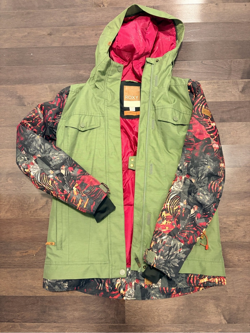 Roxy Girls' Olive Green Hooded Jacket with Floral Print Sleeves